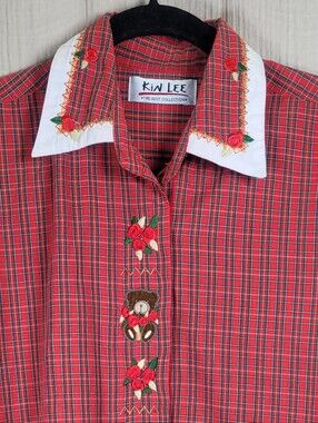 Vintage Kin Lee Red Plaid Embroidered Teddy Bear Button-Up Shirt Christmas Plaid